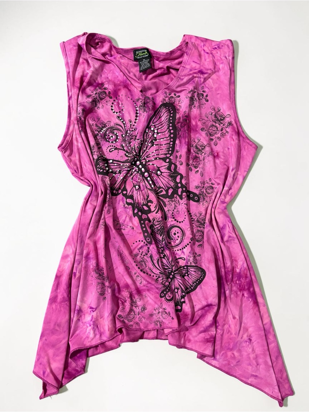 Fairy Grunge Y2K Butterfly Tank Top Hot Pink Tie-Dye Jewel Vintage Rhinestone XL